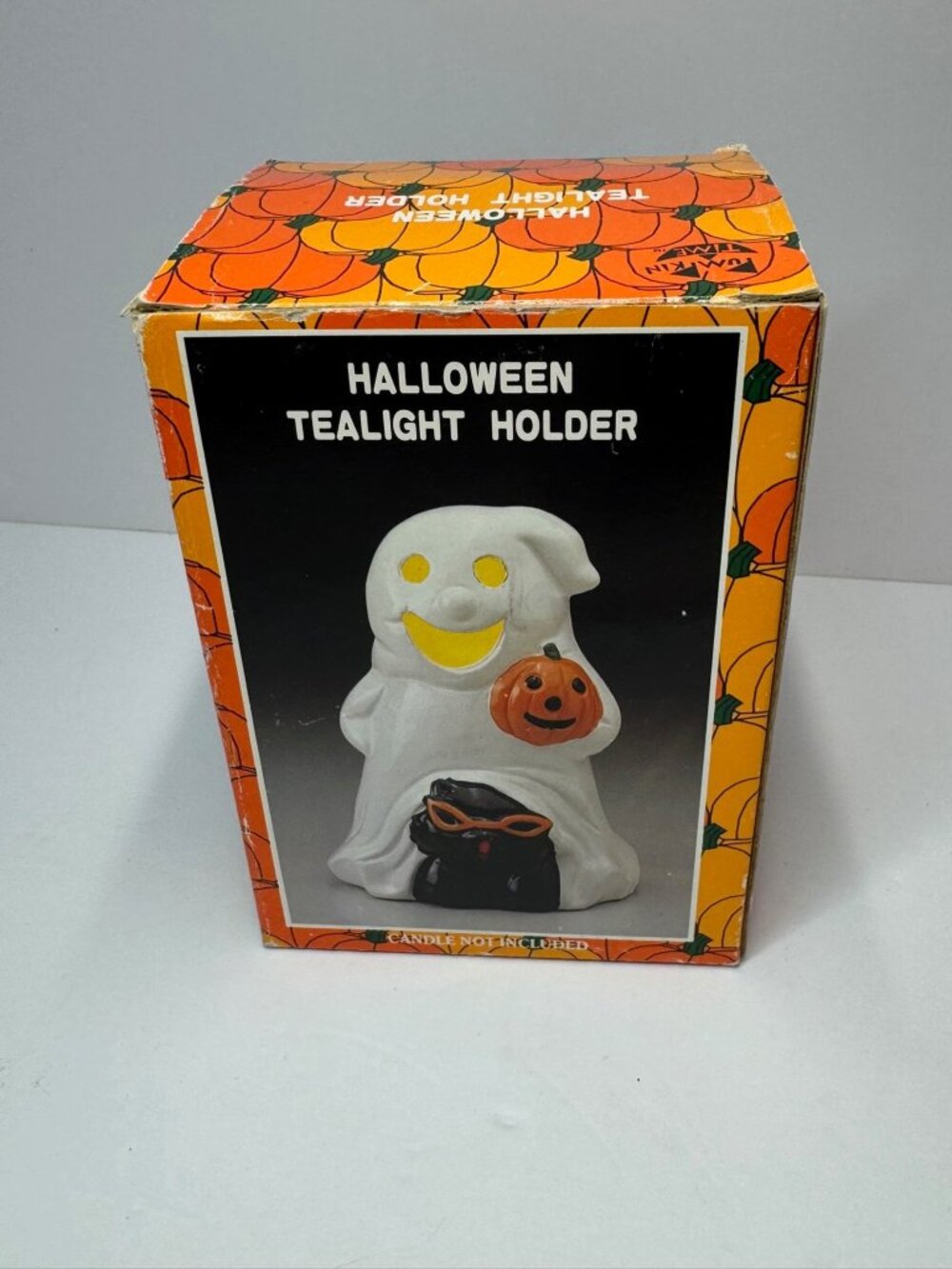 Halloween Ghost & Cat Tealight Holder Ceramic 5" Pumpkin Theme Candle Not Includ